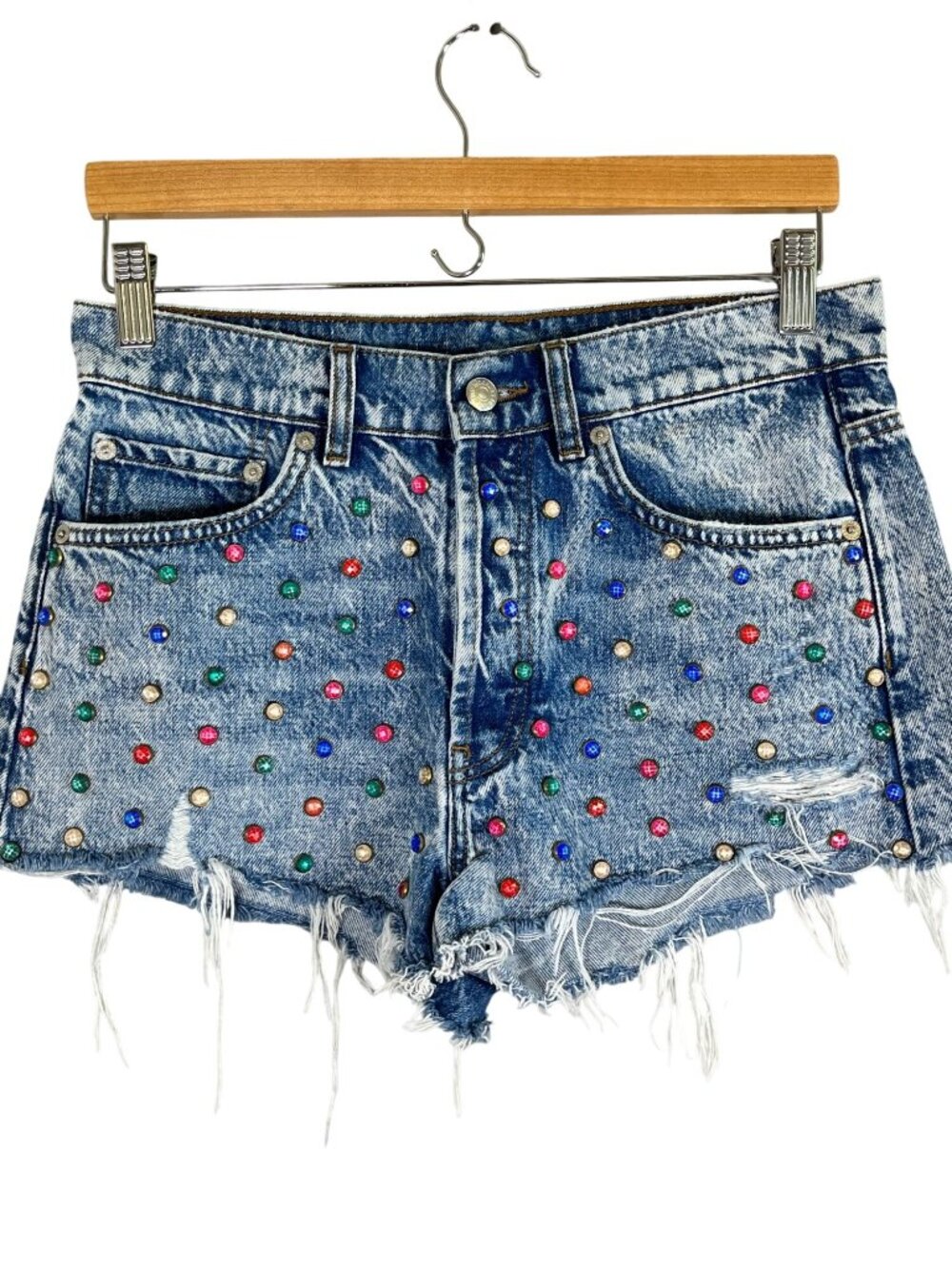 Colorful Stud Denim Distressed Mini Jean Shorts 1 Boho Indie Festival Western